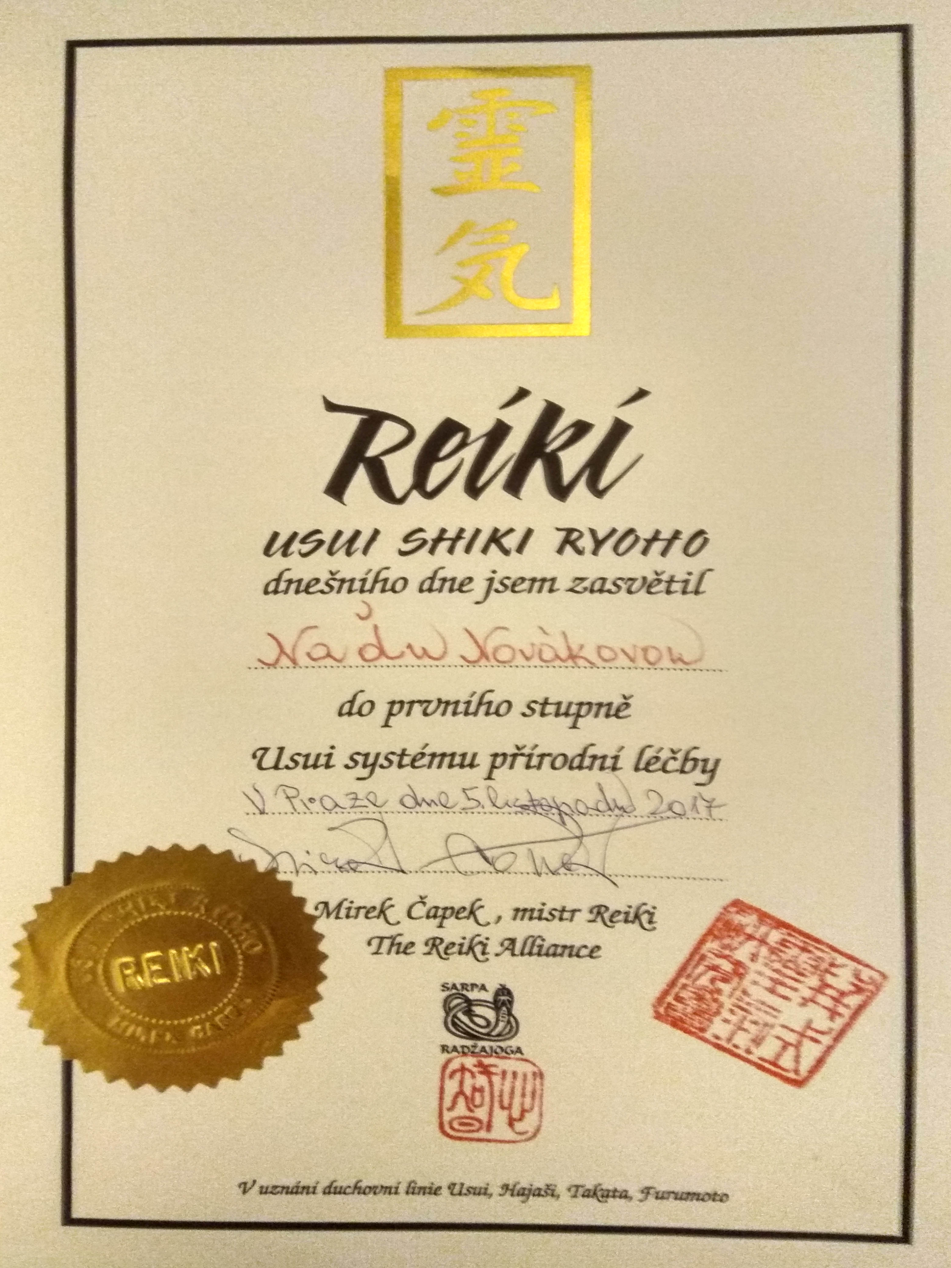 Osvědčení o získání kvalifikace Reiki