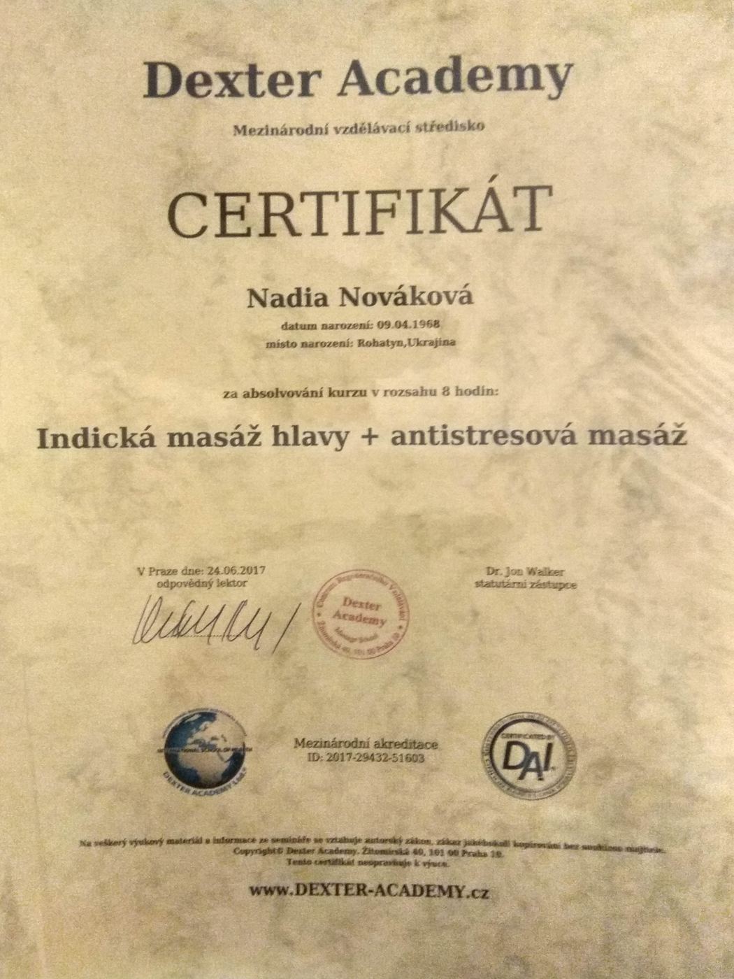 Сертифікат «Індійський масаж голови та антистресовий масаж», Dexter Academy